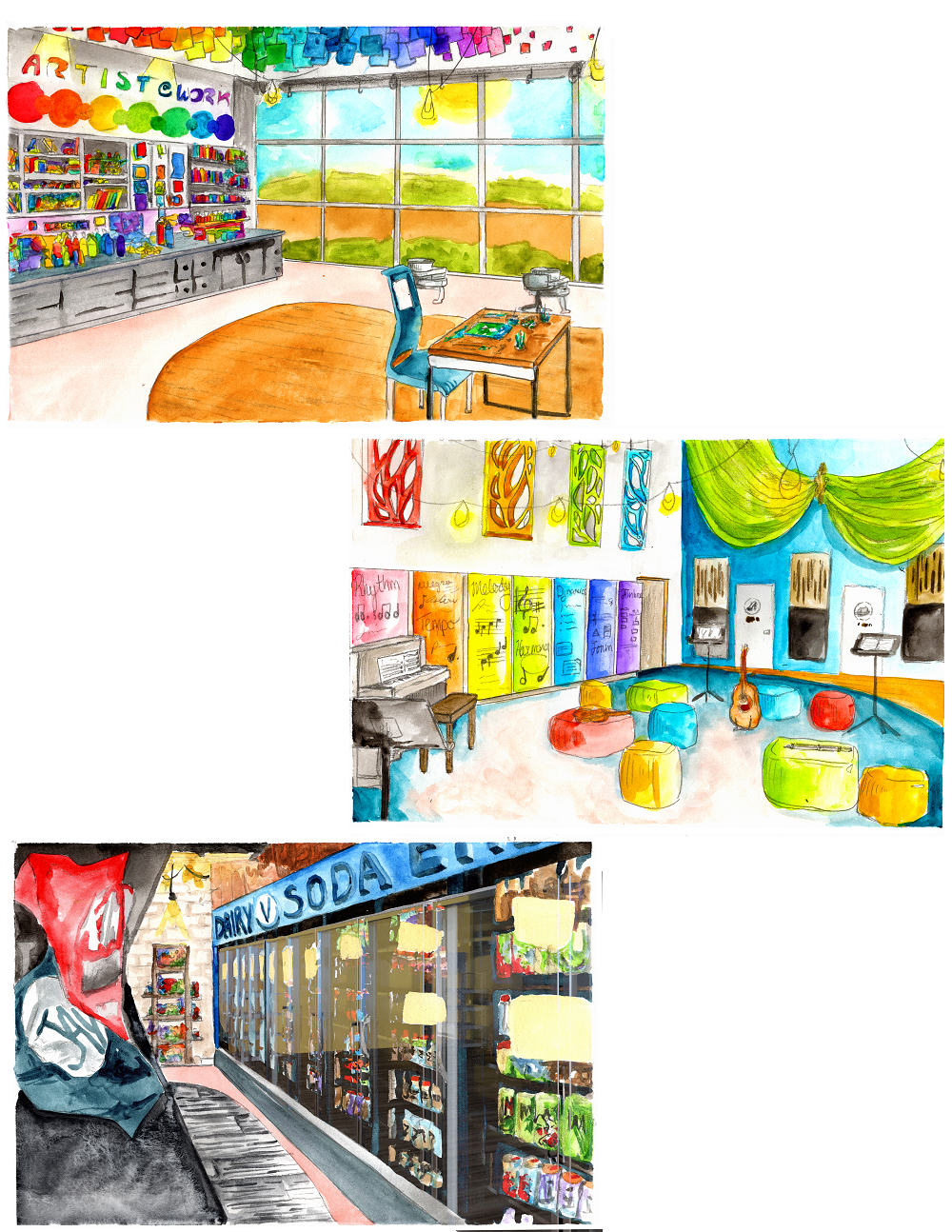 Watercolor Renderings - In order, from top to bottom: The Art Studio, the Music Studio, the Pantry.