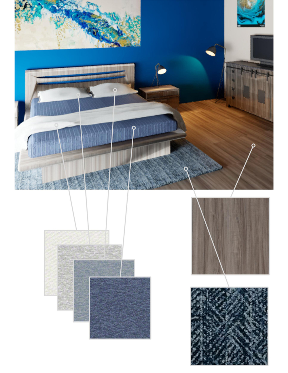 Material Examples - Bedroom Materials; fabrics, rug, and luxury vinyl tile flooring in a gray wood look.
