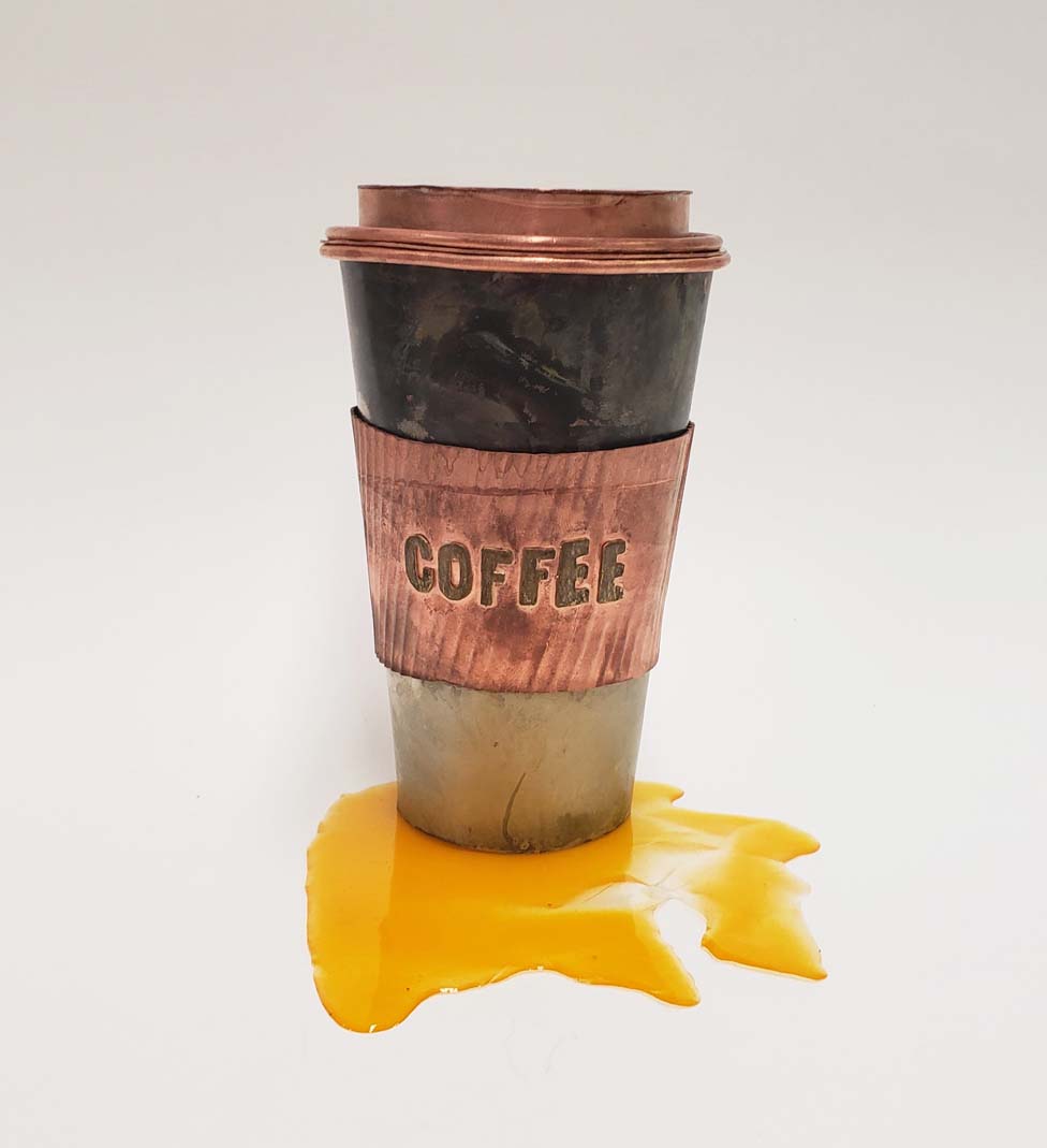 Caution: Contents May Be Hot! - (Coff-pee) 2019 - 6.5inH x 3inW - copper, brass, nickel silver, resin.
