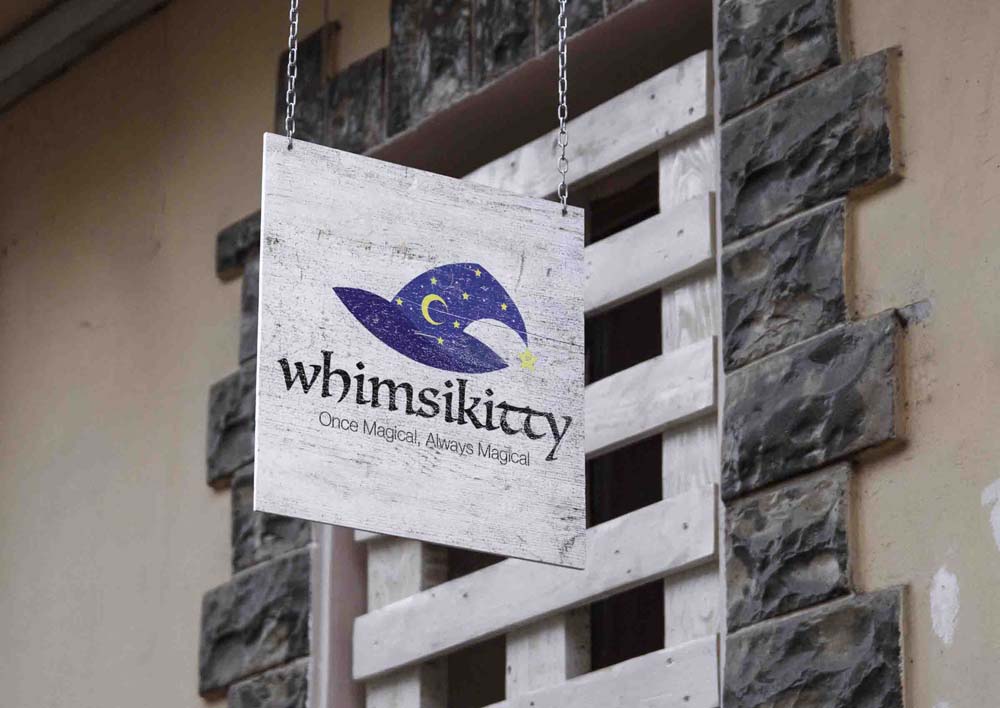 The Whimsikitty project features the fictional brand of Whimsikitty, a witchcraft shop that sells crystals, herbs, and offers services such as tarot and palm reading. Featured are two variants of the primary logo, one on a shop front and the other on a cute little box.